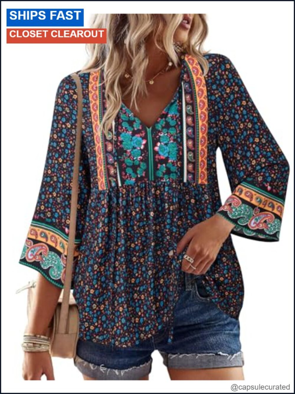 Boho Women's 3/4 Sleeve Rayon Blouse V-Neck Tie Front